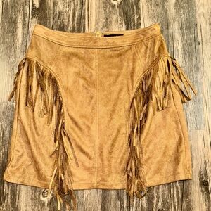Very J Tan Fringe Mini Skirt